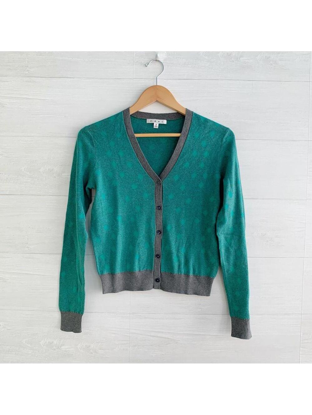 CAbi #903 Green Gray Polka Dot Cotton V Neck Button Cardigan Sweater S